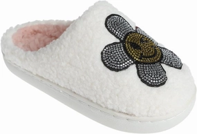 kensie Kids Slippers for Girls - Flower and Smiley Face Fuzzy House Shoes with Rhinestones, Cozy Indoor Slippers for Little Kid/Big Kid