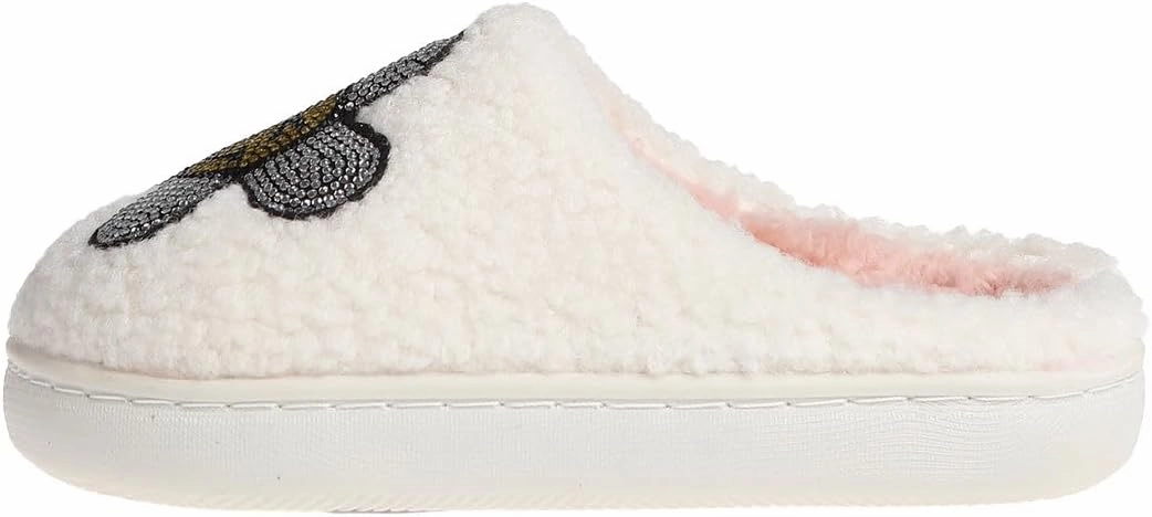 kensie Kids Slippers for Girls - Flower and Smiley Face Fuzzy House Shoes with Rhinestones, Cozy Indoor Slippers for Little Kid/Big Kid