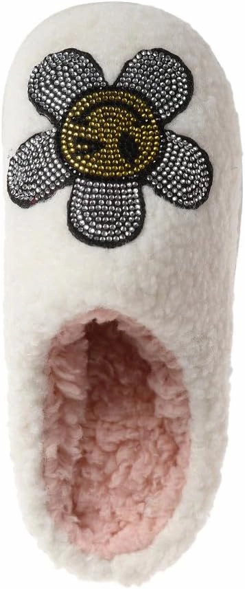 kensie Kids Slippers for Girls - Flower and Smiley Face Fuzzy House Shoes with Rhinestones, Cozy Indoor Slippers for Little Kid/Big Kid