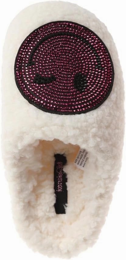 kensie Kids Slippers for Girls - Flower and Smiley Face Fuzzy House Shoes with Rhinestones, Cozy Indoor Slippers for Little Kid/Big Kid