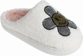 kensie Kids Slippers for Girls - Flower and Smiley Face Fuzzy House Shoes with Rhinestones, Cozy Indoor Slippers for Little Kid/Big Kid