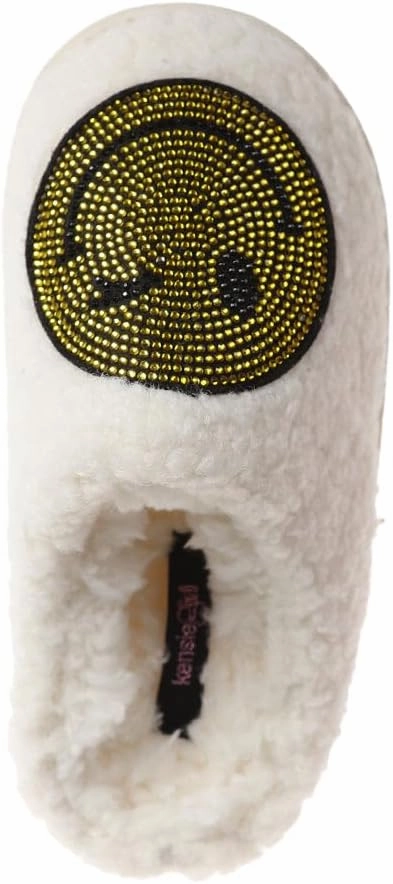 kensie Kids Slippers for Girls - Flower and Smiley Face Fuzzy House Shoes with Rhinestones, Cozy Indoor Slippers for Little Kid/Big Kid