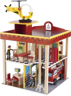 KidKraft Wooden Fire Station Set for 360 Degree Play - Wooden Construction, Working Garage Doors, Bendable Figures, Young Children Toy, Comes with Instructions, Scree Free Toy, Gift for Ages 3 