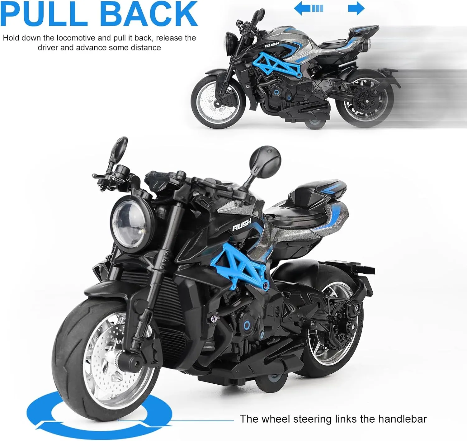 Kids Toy Motorcycle - Alloy Motorcycle Toy with Sound and Music,1:10 Scale car for Boys Age 3-7 (Black Blue)