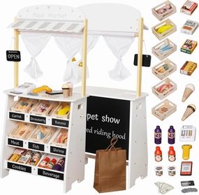 Kids Grocery Store Playset,Pretend Play Store Toy & Wooden Supermarket Shopping Cart with Toy Cash Register, Play Money&Blackboard;26PCS Food Toys Shop for 3  year old boys girls toddler baby