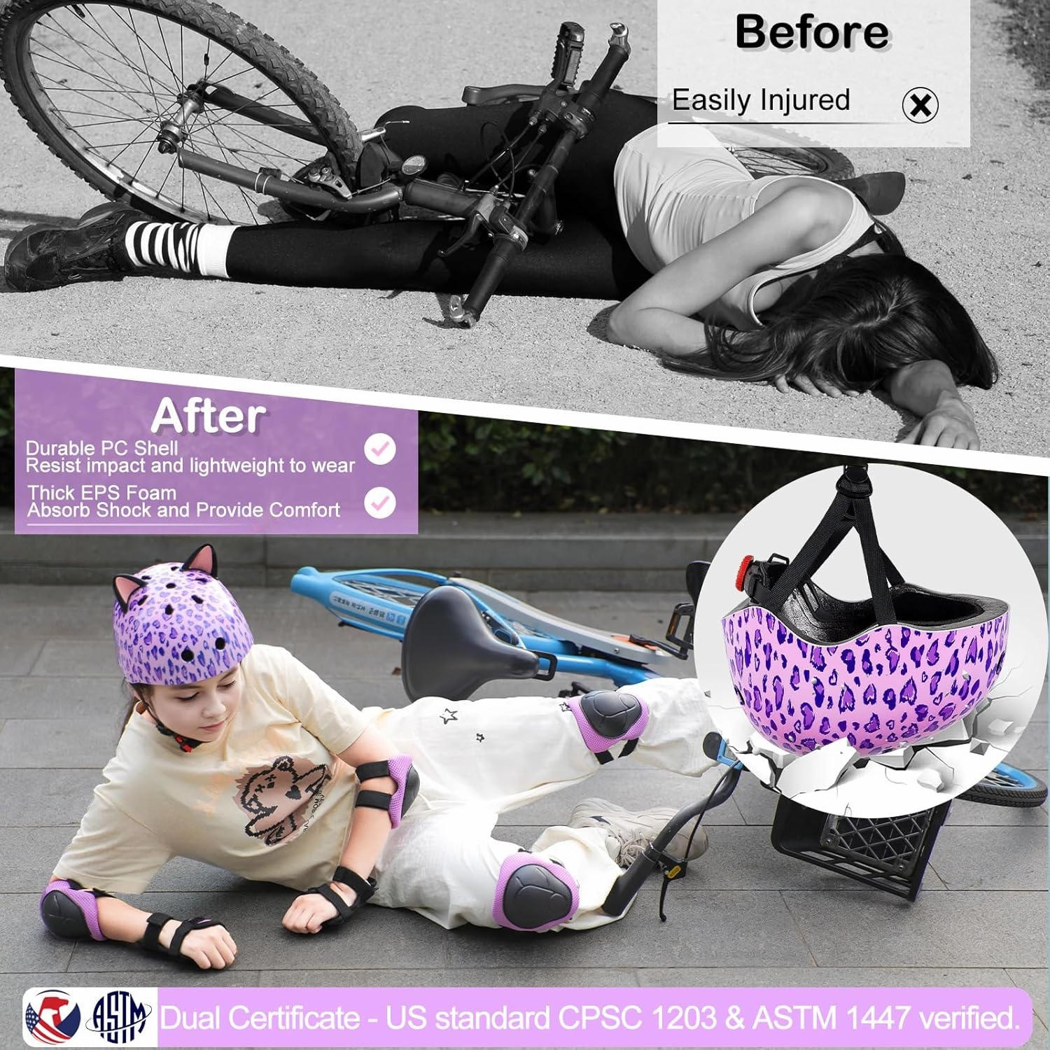Kids Helmet, Bike Helmets for Kids 8-14 with Knee Pads and Elbow Pads Wrist Guards, Adjustable Youth Girls Bike Helmet with DIY Cat Ears Skateboard Helmet for Scooter Skating Cycling