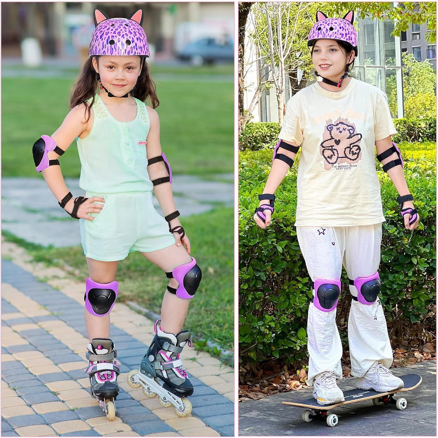 Kids Helmet, Bike Helmets for Kids 8-14 with Knee Pads and Elbow Pads Wrist Guards, Adjustable Youth Girls Bike Helmet with DIY Cat Ears Skateboard Helmet for Scooter Skating Cycling