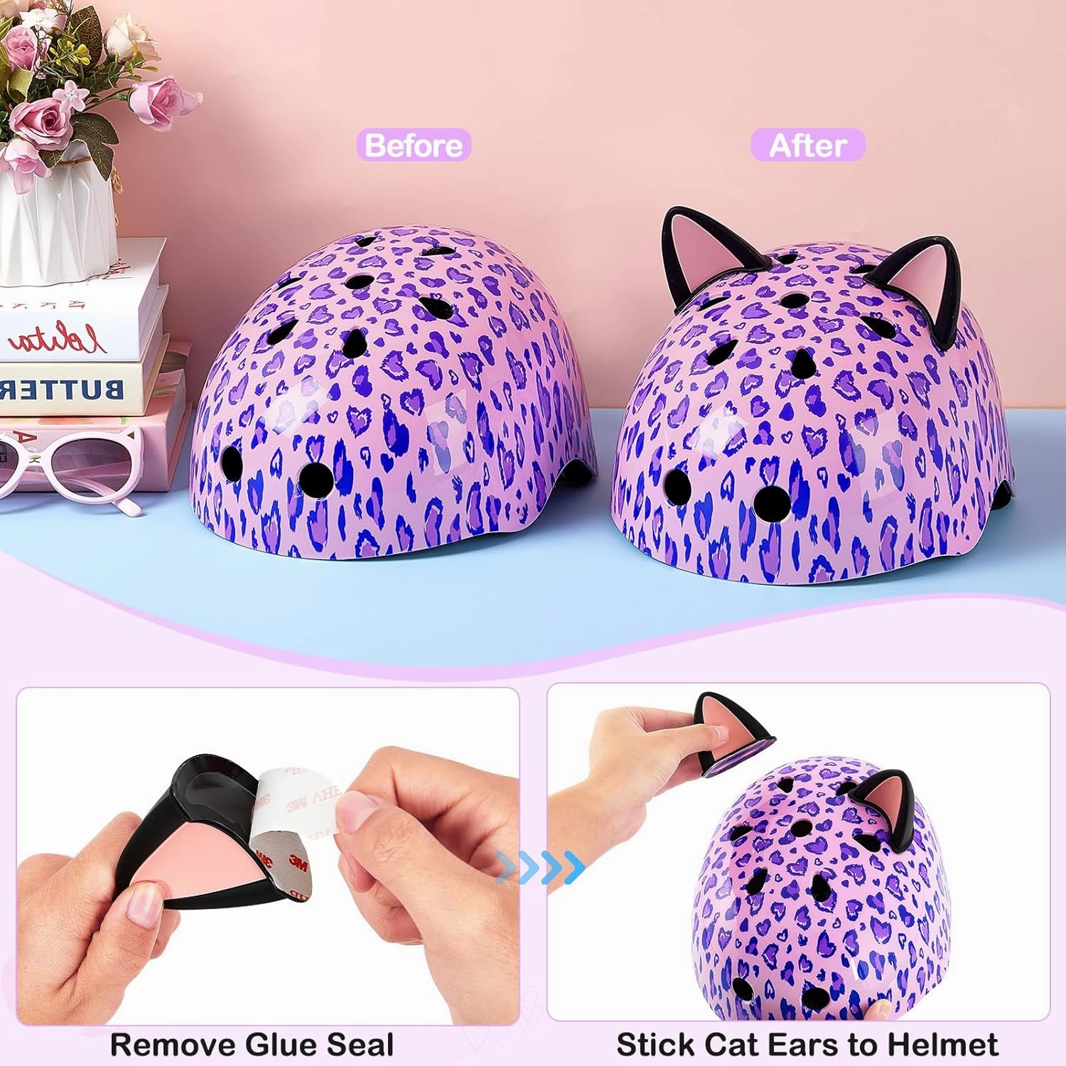 Kids Helmet, Bike Helmets for Kids 8-14 with Knee Pads and Elbow Pads Wrist Guards, Adjustable Youth Girls Bike Helmet with DIY Cat Ears Skateboard Helmet for Scooter Skating Cycling
