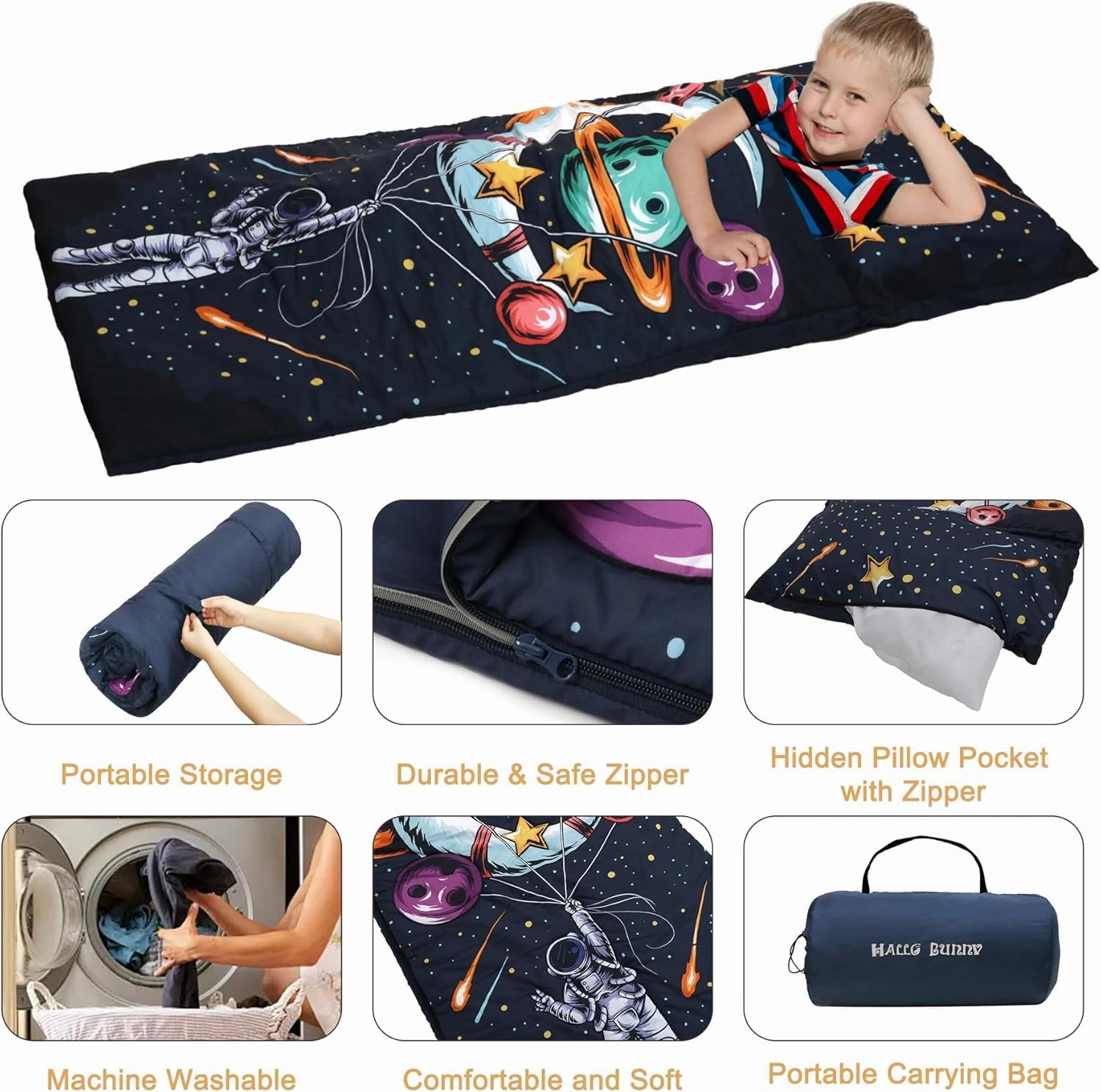 Kids Sleeping Bag, Sleeping Bags for Boys & Girls, Large Kids Sleeping Bag with Pillow, SlumberSoft Slumber Bags, Toddler Sleeping Bags for Daycare Travel Naps and Sleepovers,63" x 30"