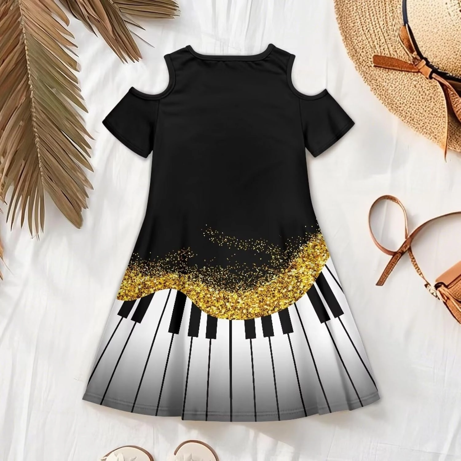 Kids Summer Music Theme Dresses for Girls 3-14Y Casual Cold Shoulder Short Sleeve Mini Dress with Pockets
