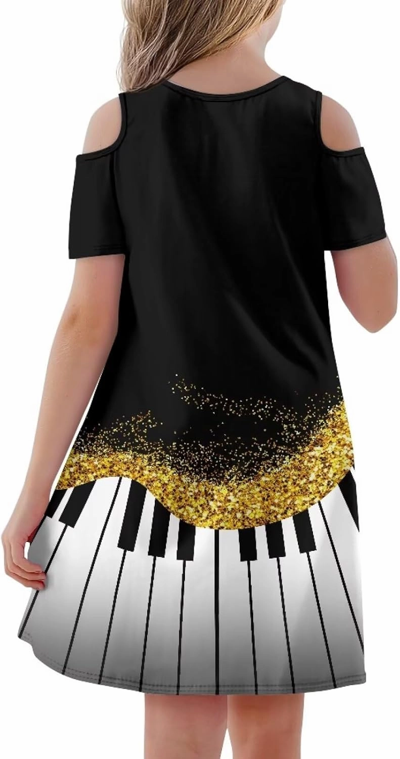Kids Summer Music Theme Dresses for Girls 3-14Y Casual Cold Shoulder Short Sleeve Mini Dress with Pockets