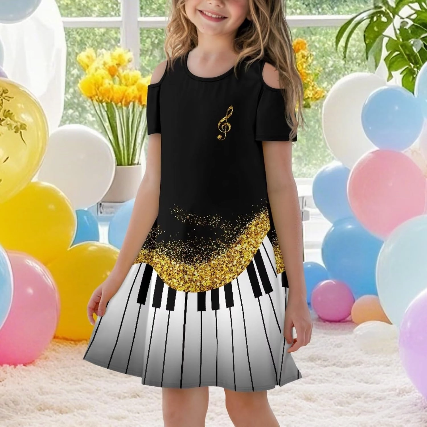 Kids Summer Music Theme Dresses for Girls 3-14Y Casual Cold Shoulder Short Sleeve Mini Dress with Pockets