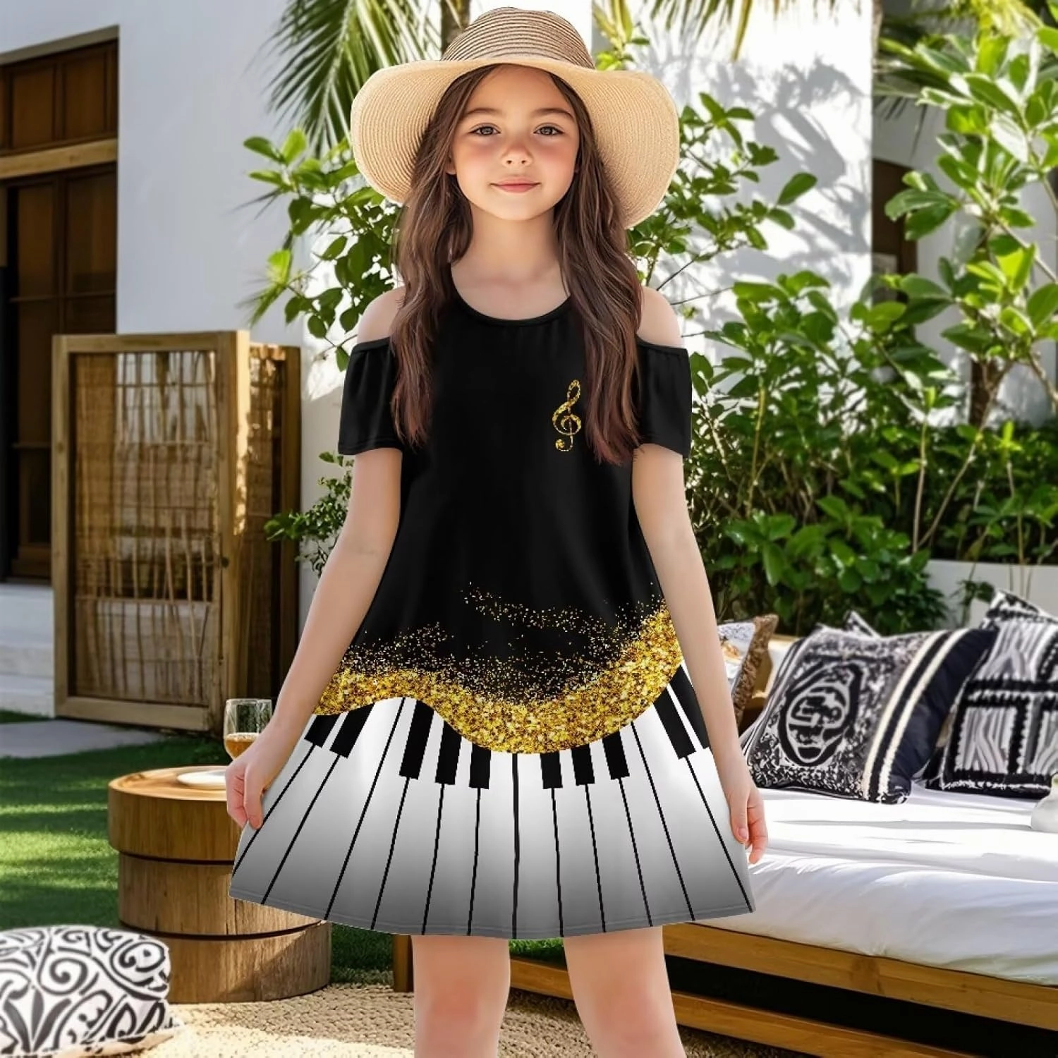 Kids Summer Music Theme Dresses for Girls 3-14Y Casual Cold Shoulder Short Sleeve Mini Dress with Pockets