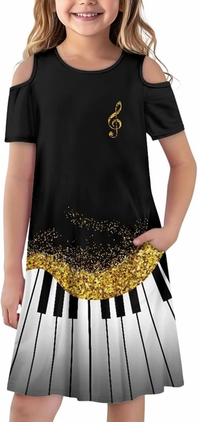 Kids Summer Music Theme Dresses for Girls 3-14Y Casual Cold Shoulder Short Sleeve Mini Dress with Pockets