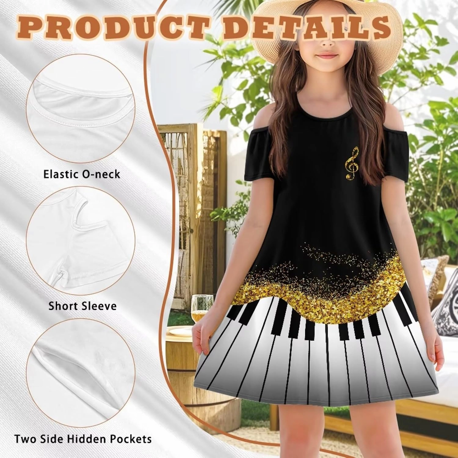Kids Summer Music Theme Dresses for Girls 3-14Y Casual Cold Shoulder Short Sleeve Mini Dress with Pockets