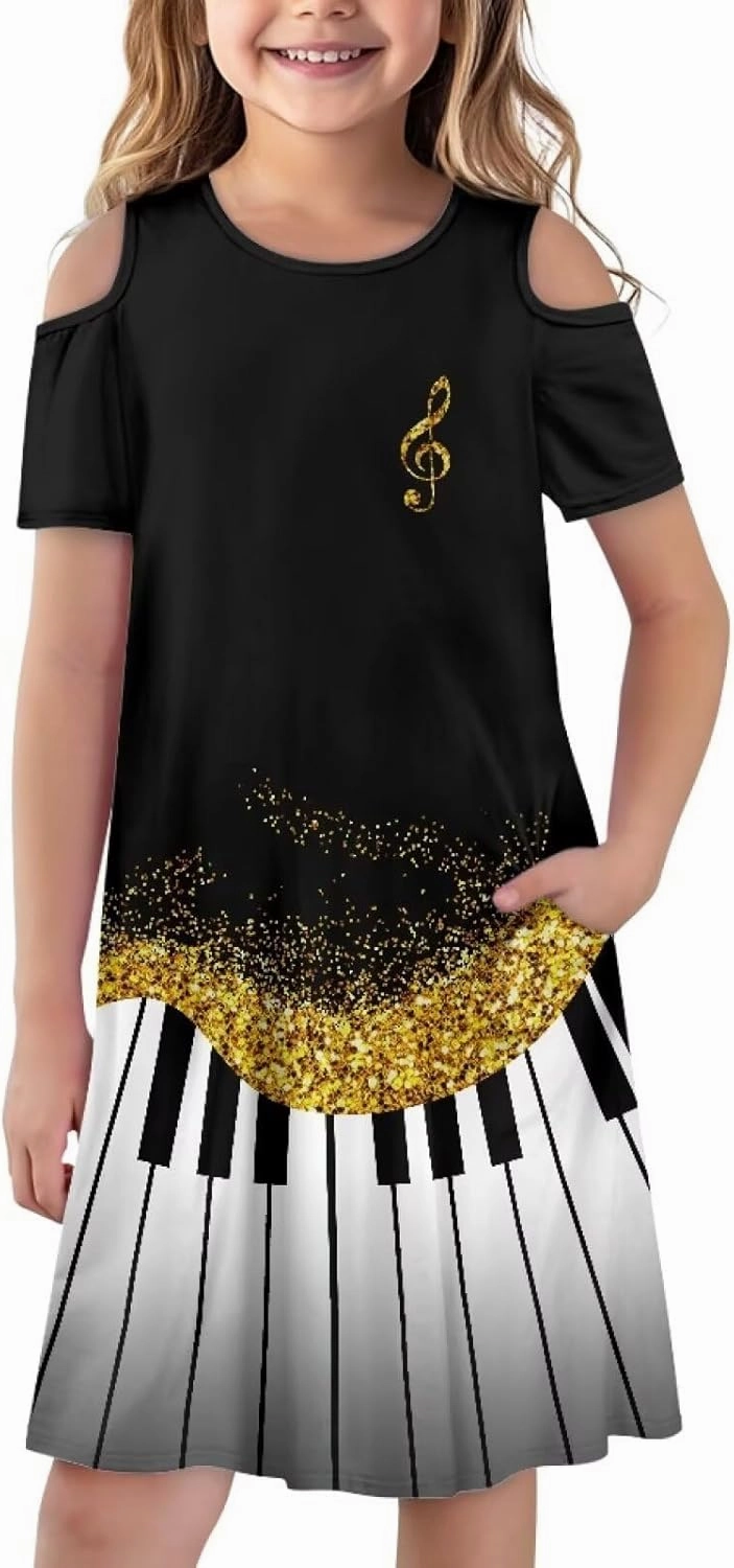 Kids Summer Music Theme Dresses for Girls 3-14Y Casual Cold Shoulder Short Sleeve Mini Dress with Pockets