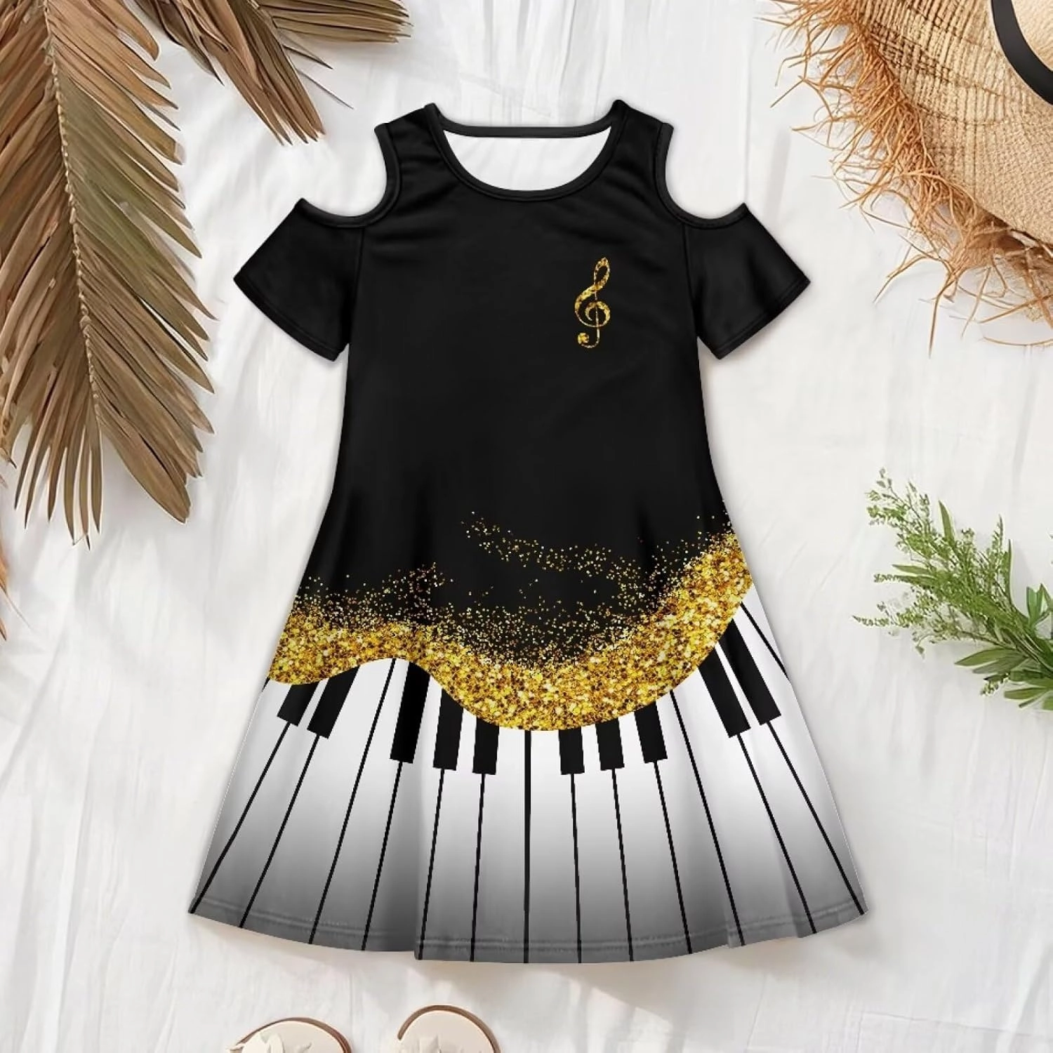Kids Summer Music Theme Dresses for Girls 3-14Y Casual Cold Shoulder Short Sleeve Mini Dress with Pockets