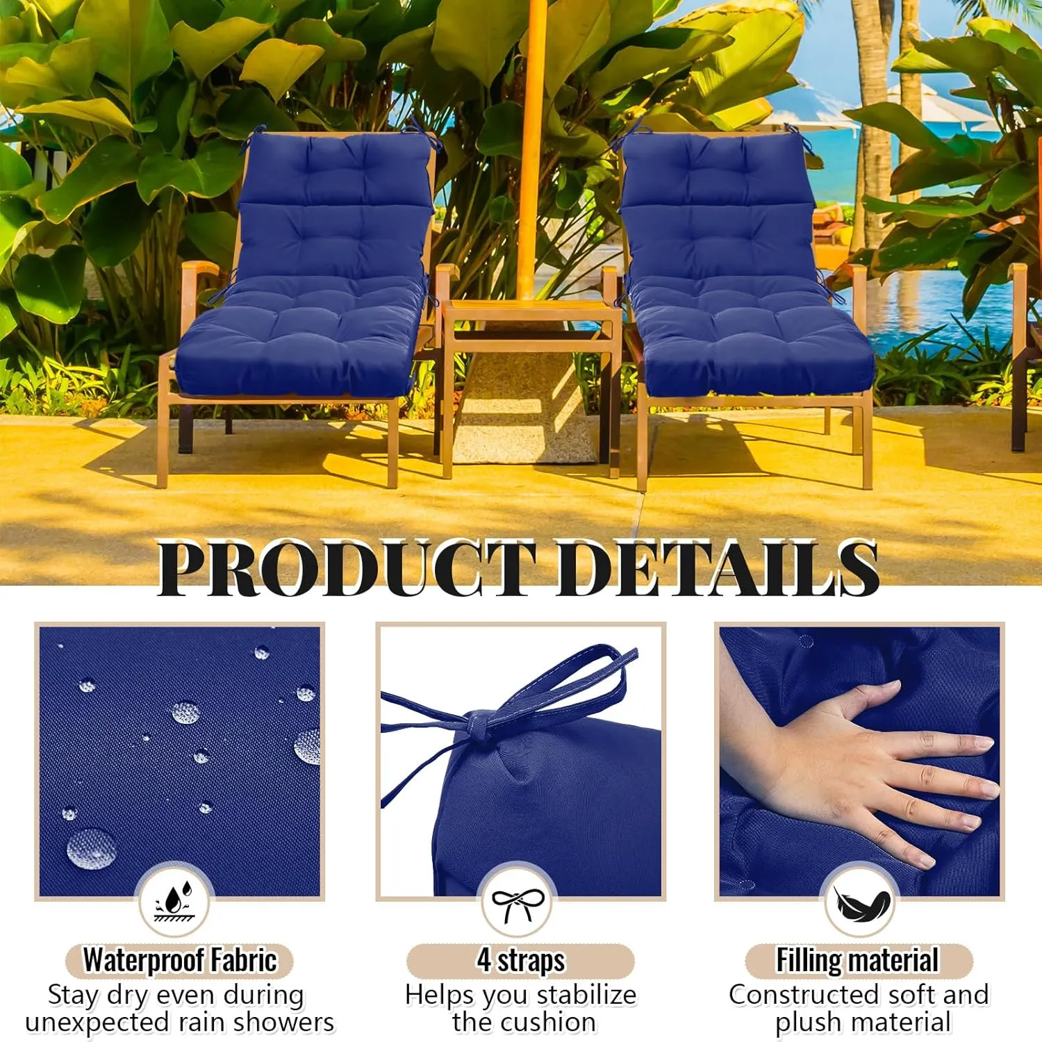 Kigley 1 Pcs Chaise Lounge Cushions 75 x 22 x 5 Inches Soft Lounge Chair Cushion Spring/Summer Seasonal Replacement for Outdoor Indoor Home Office (Navy Blue)