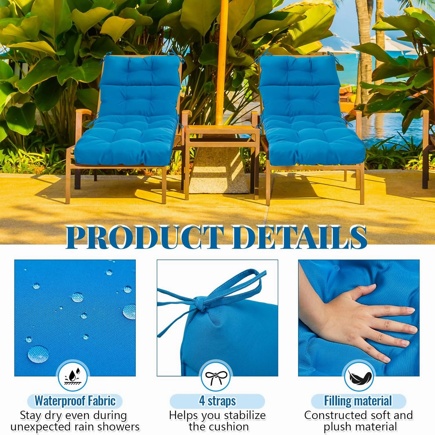 Kigley 1 Pcs Chaise Lounge Cushions 75 x 22 x 5 Inches Soft Lounge Chair Cushion Spring/Summer Seasonal Replacement for Outdoor Indoor Home Office (Blue)