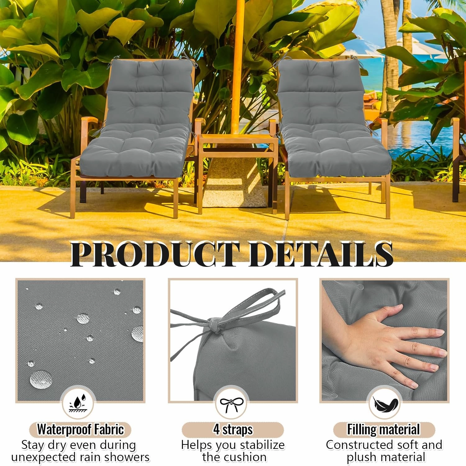 Kigley 1 Pcs Chaise Lounge Cushions 75 x 22 x 5 Inches Soft Lounge Chair Cushion Spring/Summer Seasonal Replacement for Outdoor Indoor Home Office (Dark Gray)