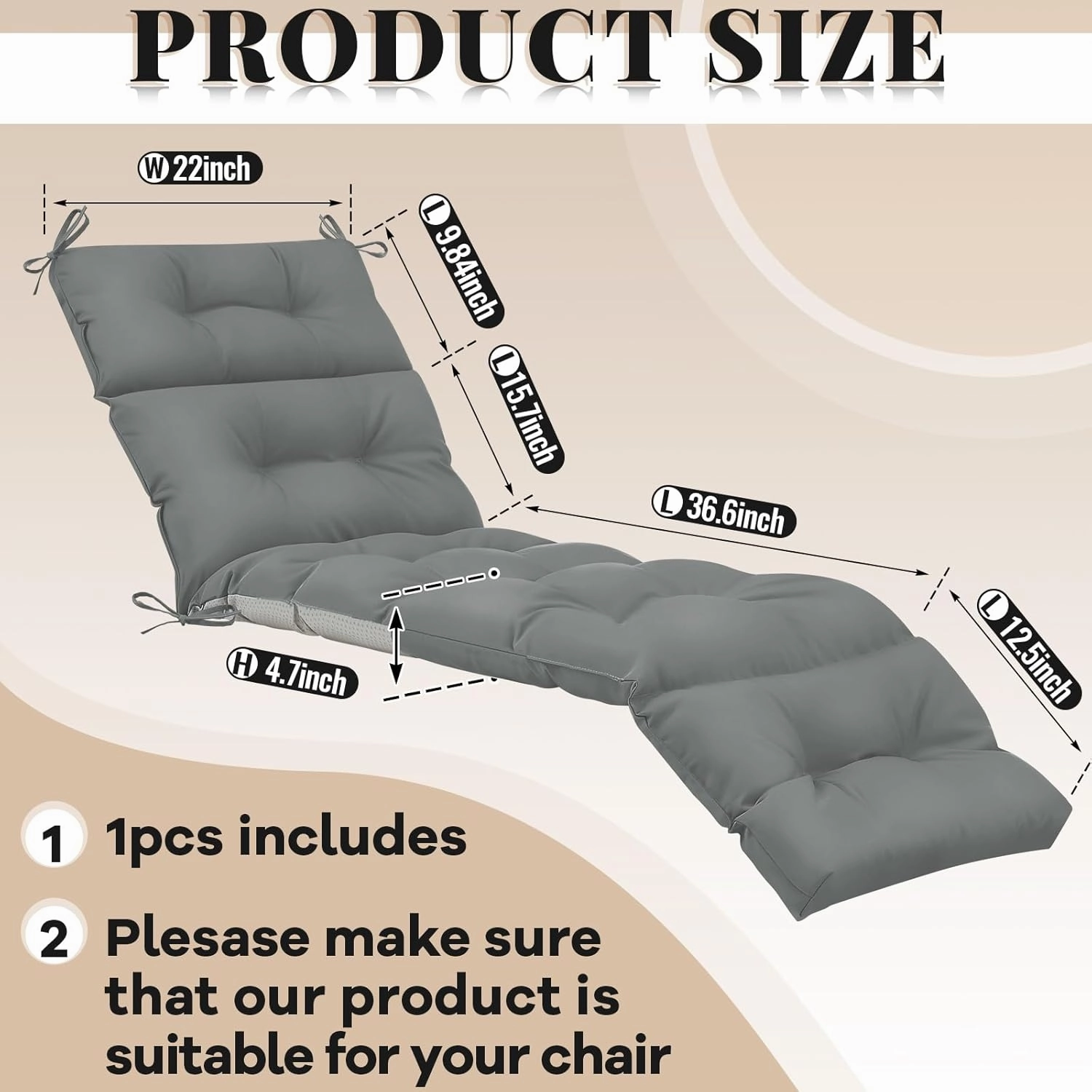 Kigley 1 Pcs Chaise Lounge Cushions 75 x 22 x 5 Inches Soft Lounge Chair Cushion Spring/Summer Seasonal Replacement for Outdoor Indoor Home Office (Dark Gray)