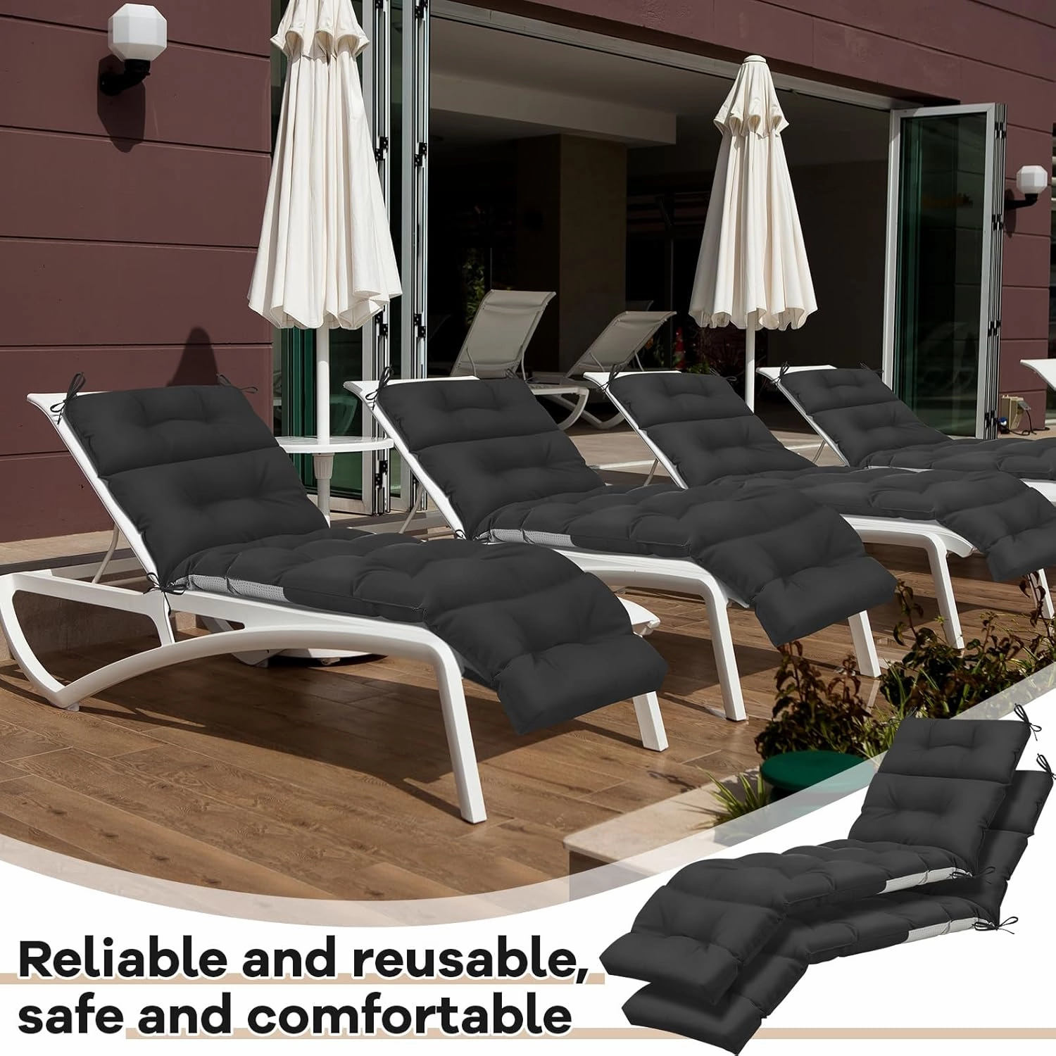 Kigley 2 Pcs Chaise Lounge Cushions 75 x 22 x 5 Inches Soft Lounge Chair Cushion Spring/Summer Seasonal Replacement for Outdoor Indoor Home Office (Black)