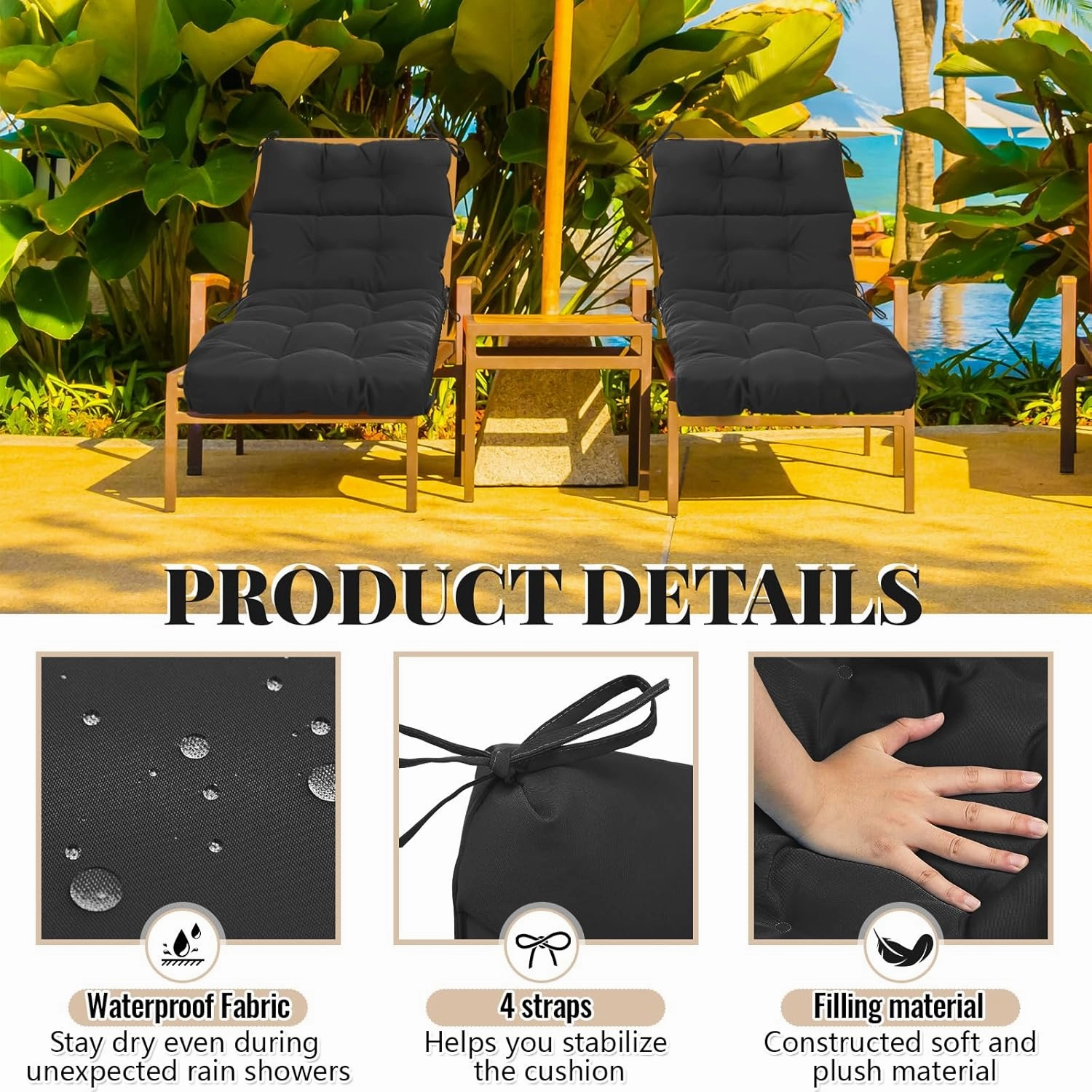 Kigley 2 Pcs Chaise Lounge Cushions 75 x 22 x 5 Inches Soft Lounge Chair Cushion Spring/Summer Seasonal Replacement for Outdoor Indoor Home Office (Black)