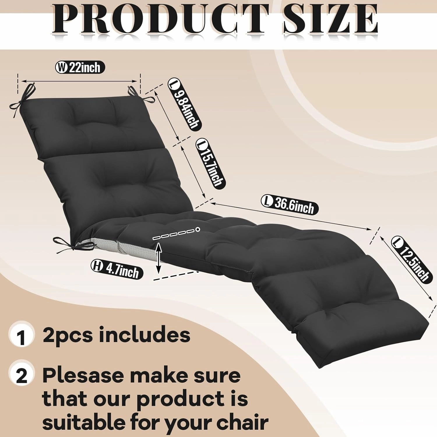 Kigley 2 Pcs Chaise Lounge Cushions 75 x 22 x 5 Inches Soft Lounge Chair Cushion Spring/Summer Seasonal Replacement for Outdoor Indoor Home Office (Black)