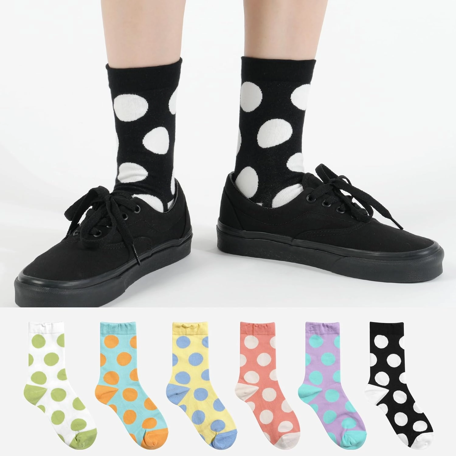 kikiya socks Women Crew | 4-6 Pairs Flower Heart Dots Graphic Tube Striped Cotton Socks | Calcetas Para Mujer | Size 6-8