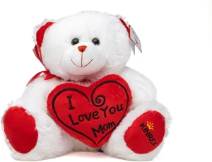 KINREX Happy Mother's Day Stuffed Teddy Bear Animal Gifts Birthday 11.81" / 30 cm. White Soft Bear with Red Heart Pillow I Love You Mom Attached