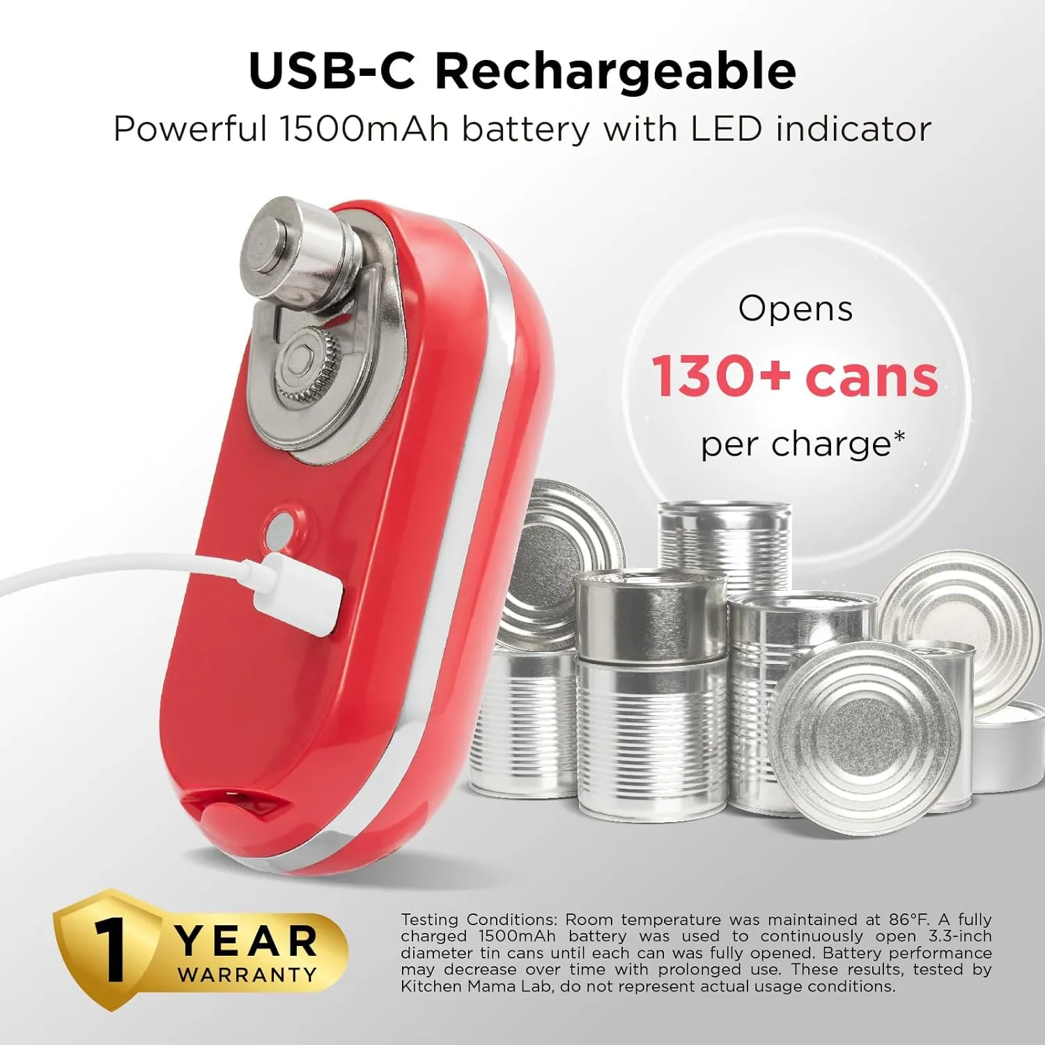 Kitchen Mama Mini Plus Rechargeable Electric Can Opener: Compact Design, USB-C Charging, Hands-Free, Auto Shut-Off, Smooth Edge Cutting - Perfect for Seniors, Home, and Travel (Red)