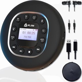 KLIM Journey - Portable CD Player Walkman with Long-Lasting Battery - New - with Headphones - Radio FM - Compatible MP3 CD Player Portable - SD Card, FM Transmitter, Bluetooth - Ideal for Cars - Black