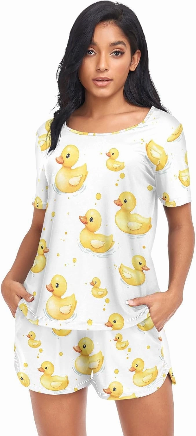 KLL Cute Yellow Rubber Ducks Ducklings Soap Women's Lounge Set with Pockets Cotton Two-Piecing Tops & Shorts O Neck
