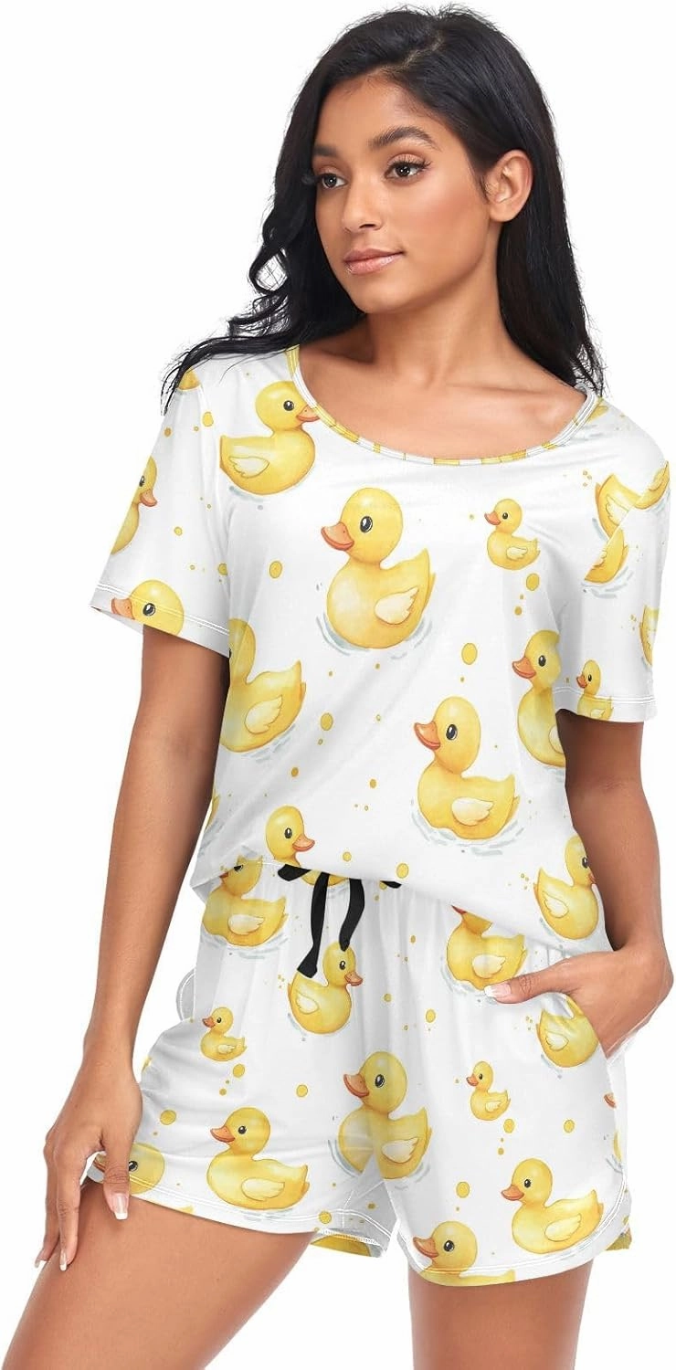 KLL Cute Yellow Rubber Ducks Ducklings Soap Women's Lounge Set with Pockets Cotton Two-Piecing Tops & Shorts O Neck