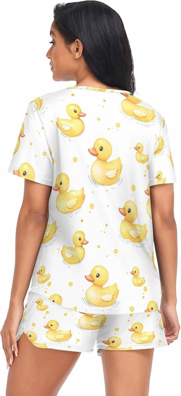 KLL Cute Yellow Rubber Ducks Ducklings Soap Women's Lounge Set with Pockets Cotton Two-Piecing Tops & Shorts O Neck