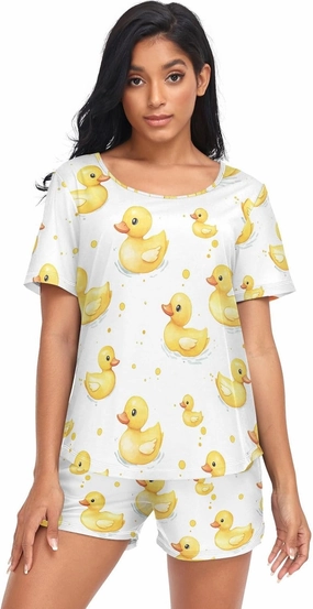 KLL Cute Yellow Rubber Ducks Ducklings Soap Women's Lounge Set with Pockets Cotton Two-Piecing Tops & Shorts O Neck