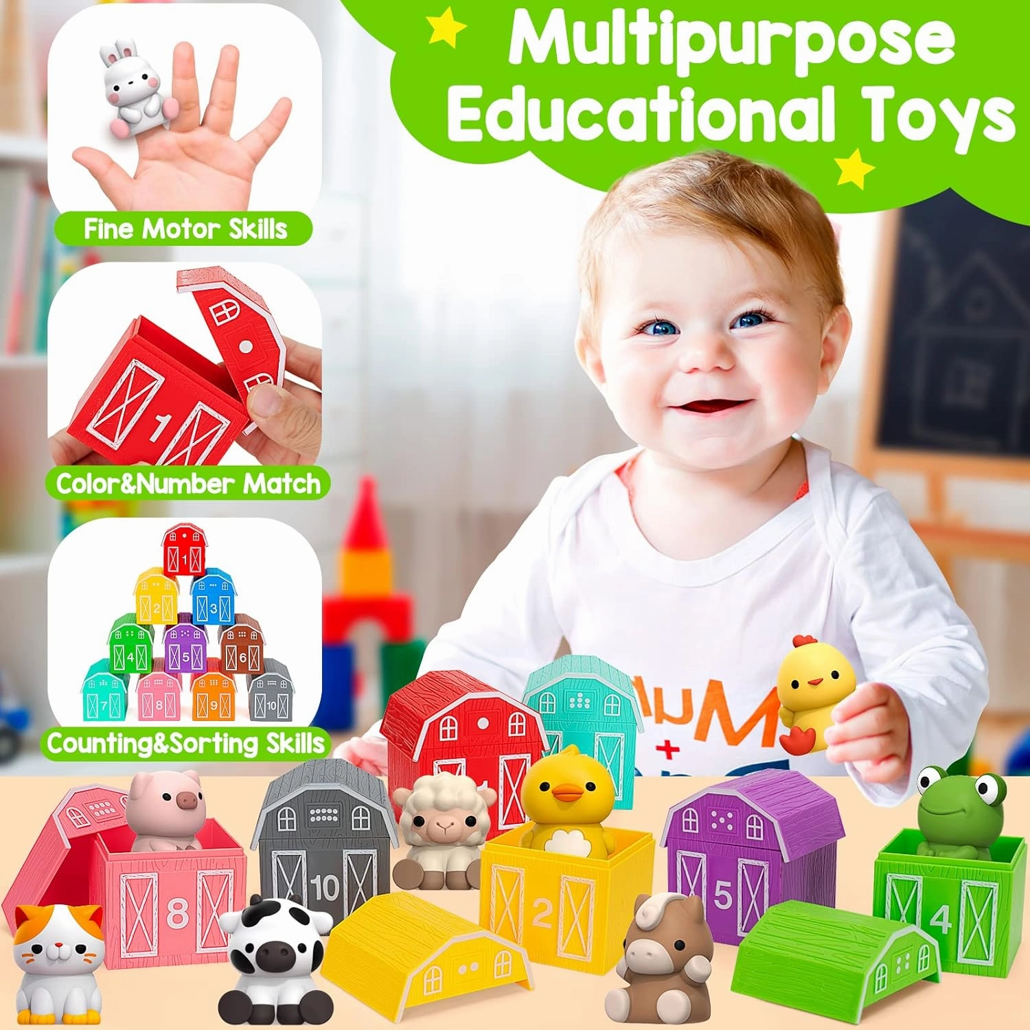 KMUYSL Toys for 1,2,3 Year Old Boys Girls, Farm Animals Toys Playset, Counting Skill, Color Matching, Christmas Birthday Easter Educational Gift for Baby Toddler Boys Girls Age 12-18 Months