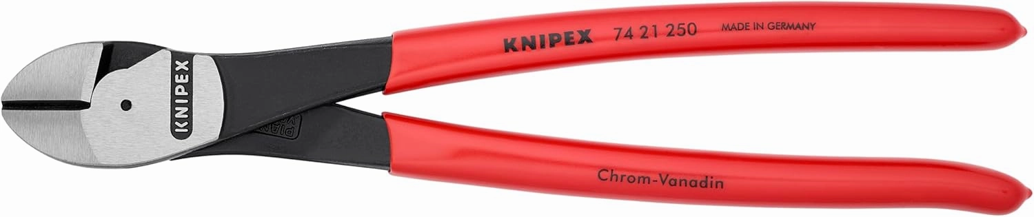 KNIPEX Tools - High Leverage Diagonal Cutters, 12 Degree Angled (7421250SBA), Red, 10 inches