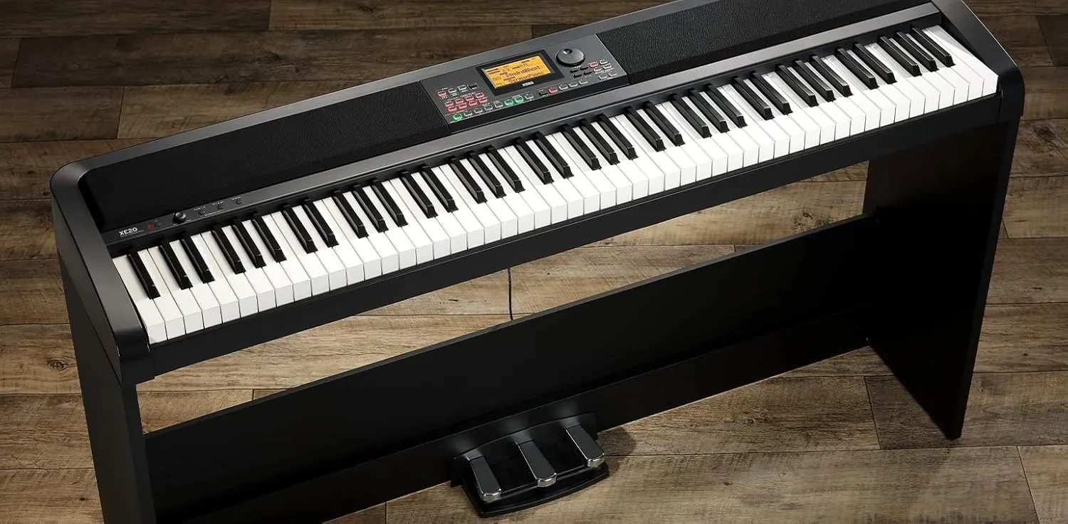 Korg XE20SP Digital Ensemble Piano - Black Bundle with Stand, Triple Pedal, Furniture Bench, Instructional Book, Austin Bazaar Instructional DVD, and Polishing Cloth