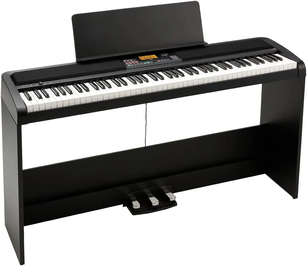 Korg XE20SP Digital Ensemble Piano - Black Bundle with Stand, Triple Pedal, Furniture Bench, Instructional Book, Austin Bazaar Instructional DVD, and Polishing Cloth