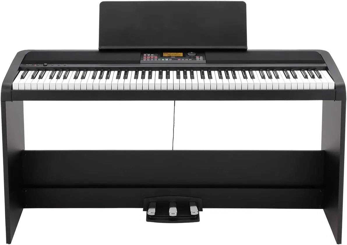 Korg XE20SP Digital Ensemble Piano - Black Bundle with Stand, Triple Pedal, Furniture Bench, Instructional Book, Austin Bazaar Instructional DVD, and Polishing Cloth