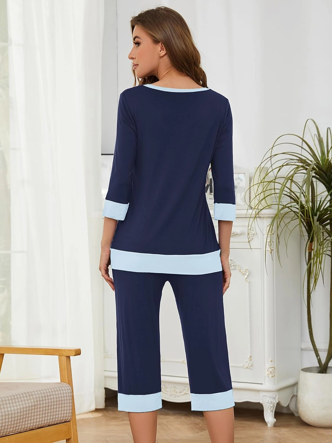 KORSIS Pajamas Set Womens 2 Piece PJS Soft Sleepwear 3/4 Sleeve V-Neck Top and Waisted Adjustable Capri Pants with Pocket