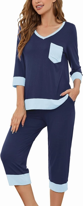 KORSIS Pajamas Set Womens 2 Piece PJS Soft Sleepwear 3/4 Sleeve V-Neck Top and Waisted Adjustable Capri Pants with Pocket