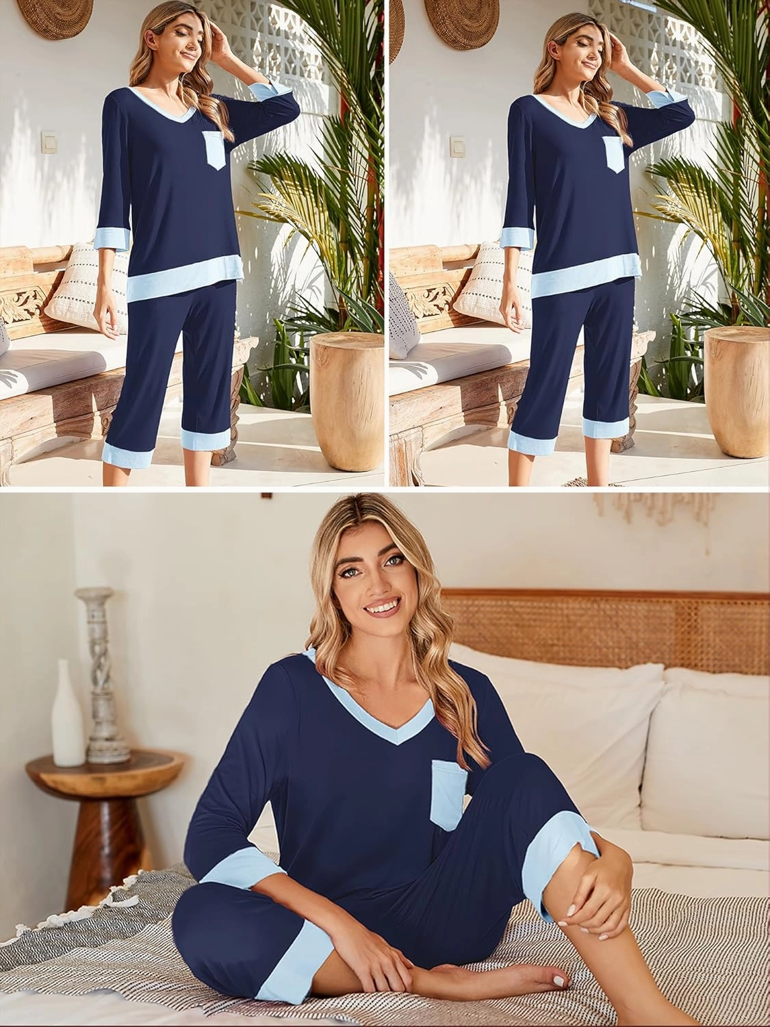 KORSIS Pajamas Set Womens 2 Piece PJS Soft Sleepwear 3/4 Sleeve V-Neck Top and Waisted Adjustable Capri Pants with Pocket