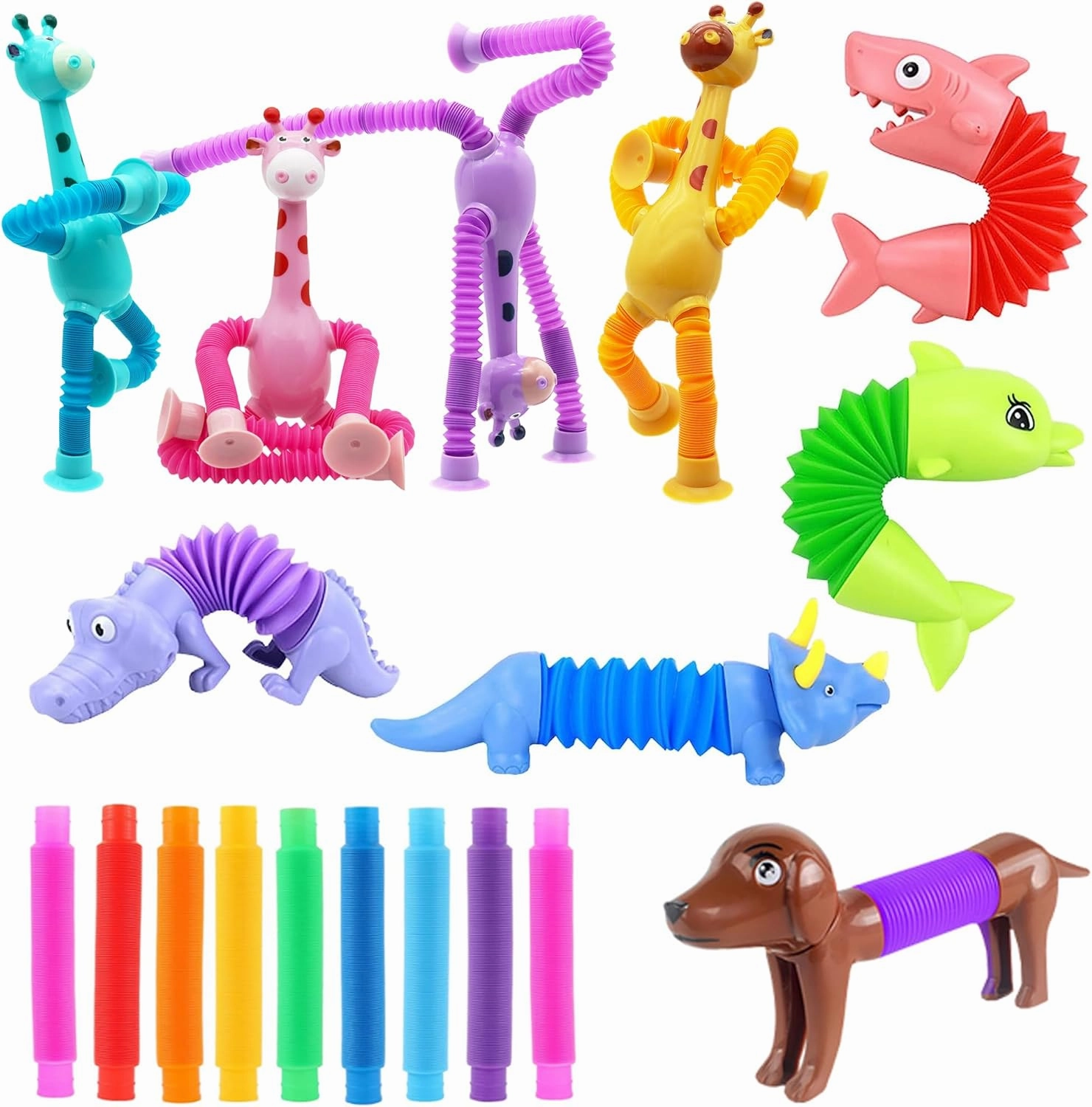Kryfa Telescopic Suction Cup Giraffe Toys, Sucker Pop Tube Giraffe, Stretchy Giraffe Suction Toy, Animals Pop Tube Sensory Toy for Kids 4-8, 8-12 (18 PCS)