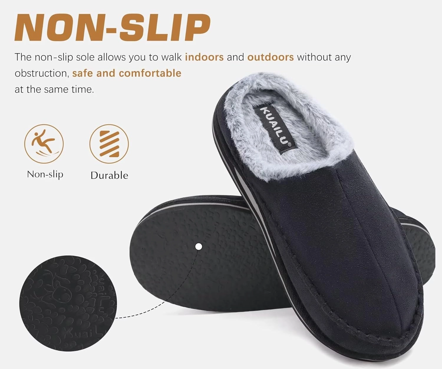 KuaiLu Mens Clog Slippers with Arch Support Suede Faux Fur Memory Foam Warm House Shoes Comfortable Slip-on Mans Bedroom Indoor Outdoor Slippers Rubber Sole Size 7-16