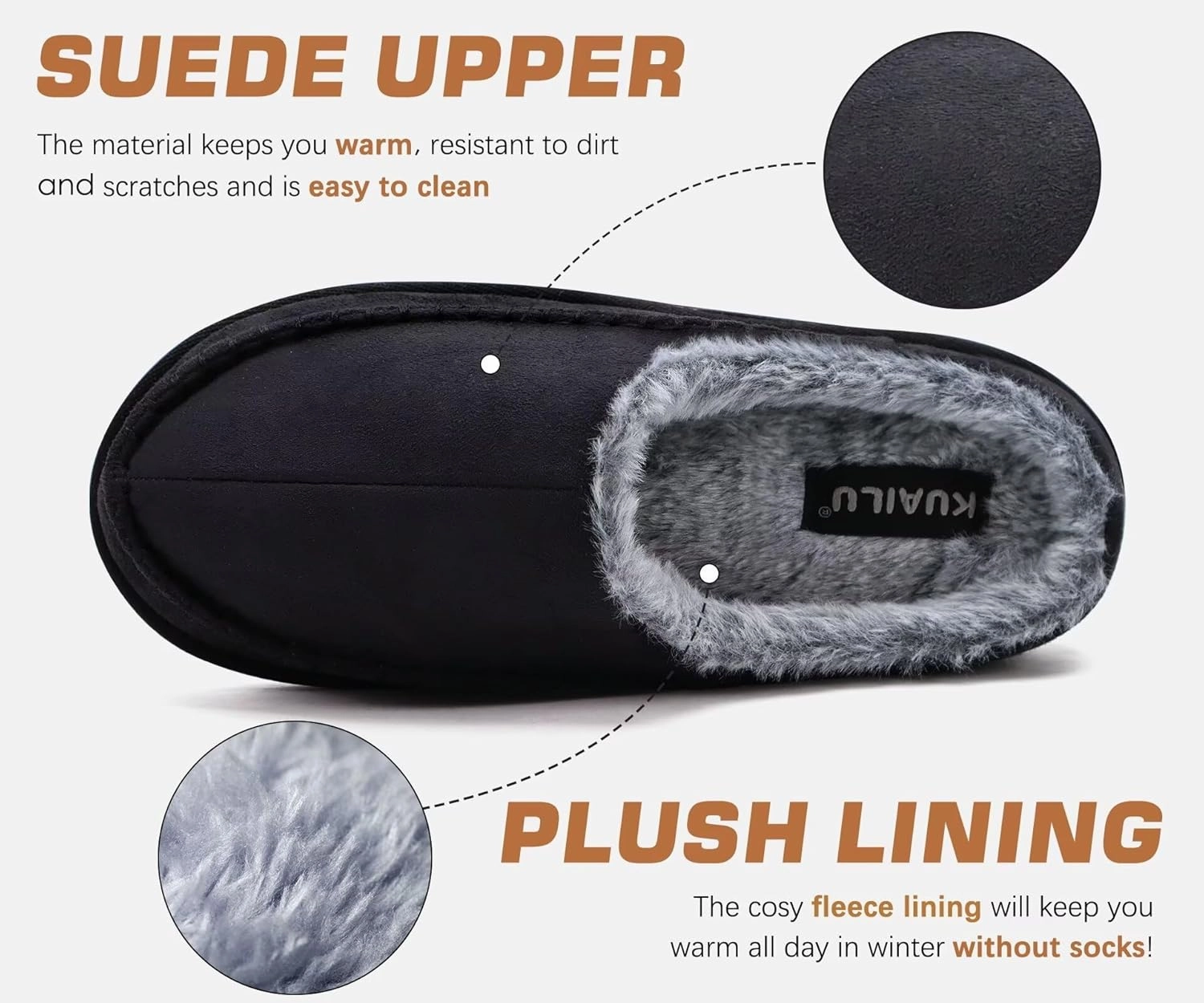 KuaiLu Mens Clog Slippers with Arch Support Suede Faux Fur Memory Foam Warm House Shoes Comfortable Slip-on Mans Bedroom Indoor Outdoor Slippers Rubber Sole Size 7-16