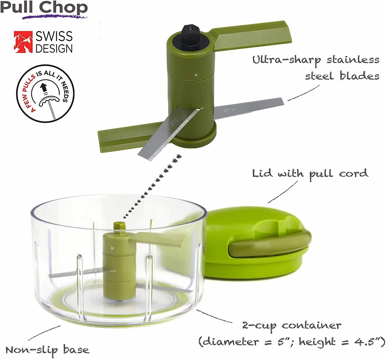 Kuhn Rikon Pull Chop, Vegetable Chopper with Stainless Steel Blades, Food Chopper with Non-Slip Base, Easy to Use Fruit Cutter and Onion Chopper, Essential Kitchen Accessories 650ml - 3 Year Guarantee