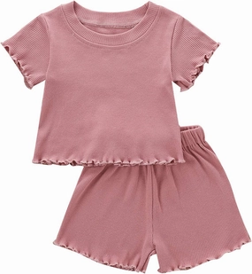 Kupretty Toddler Baby Girl Summer Clothes Ruffle Ribbed Knit Short Sleeves T-Shirt Tops   Shorts Cute Outfits Set
