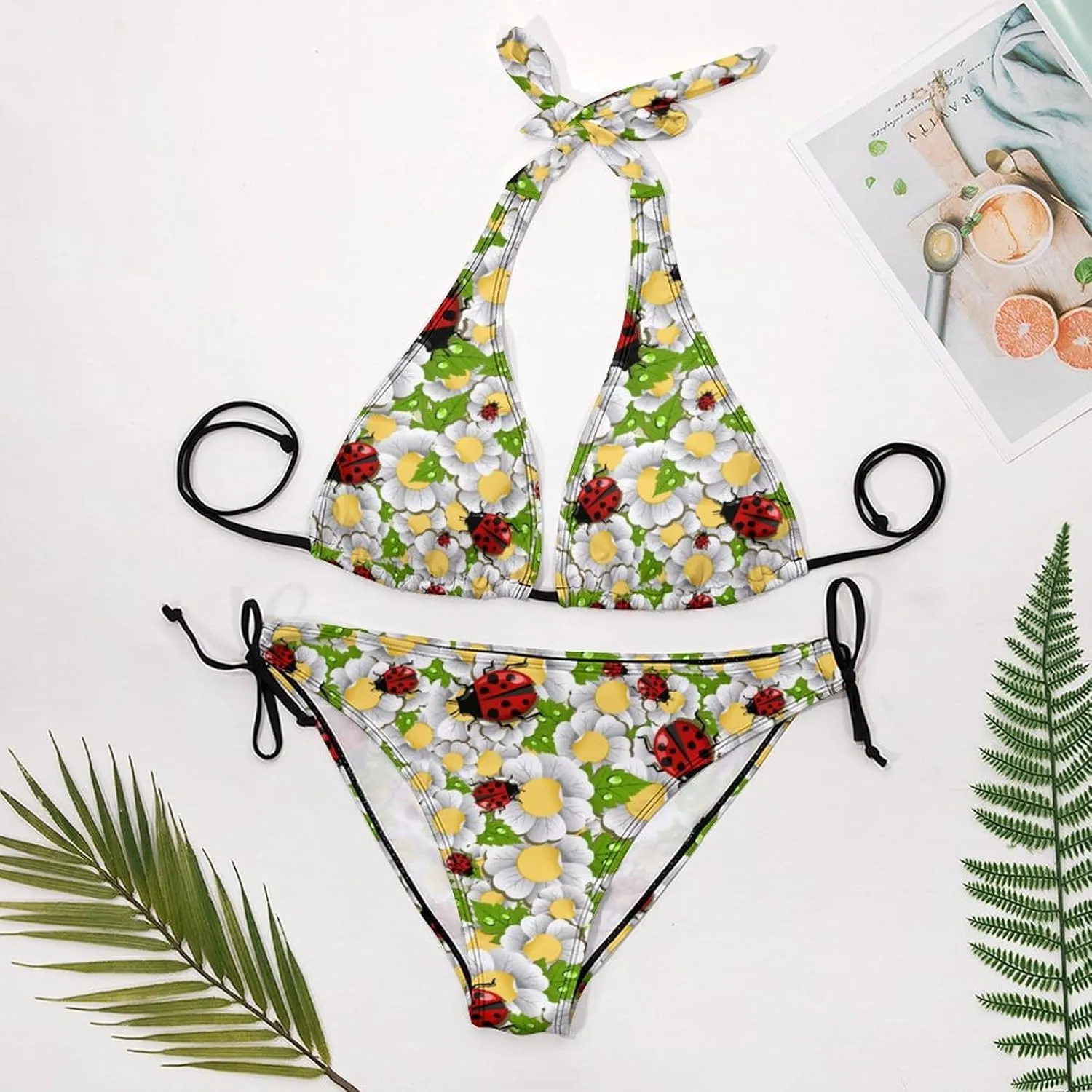 Ladybug Bikini Sets Women Tow Pic Sexy Halter Padded Bikini Set Side Tie Triangle Beach Bathing Suit Tankini Splits